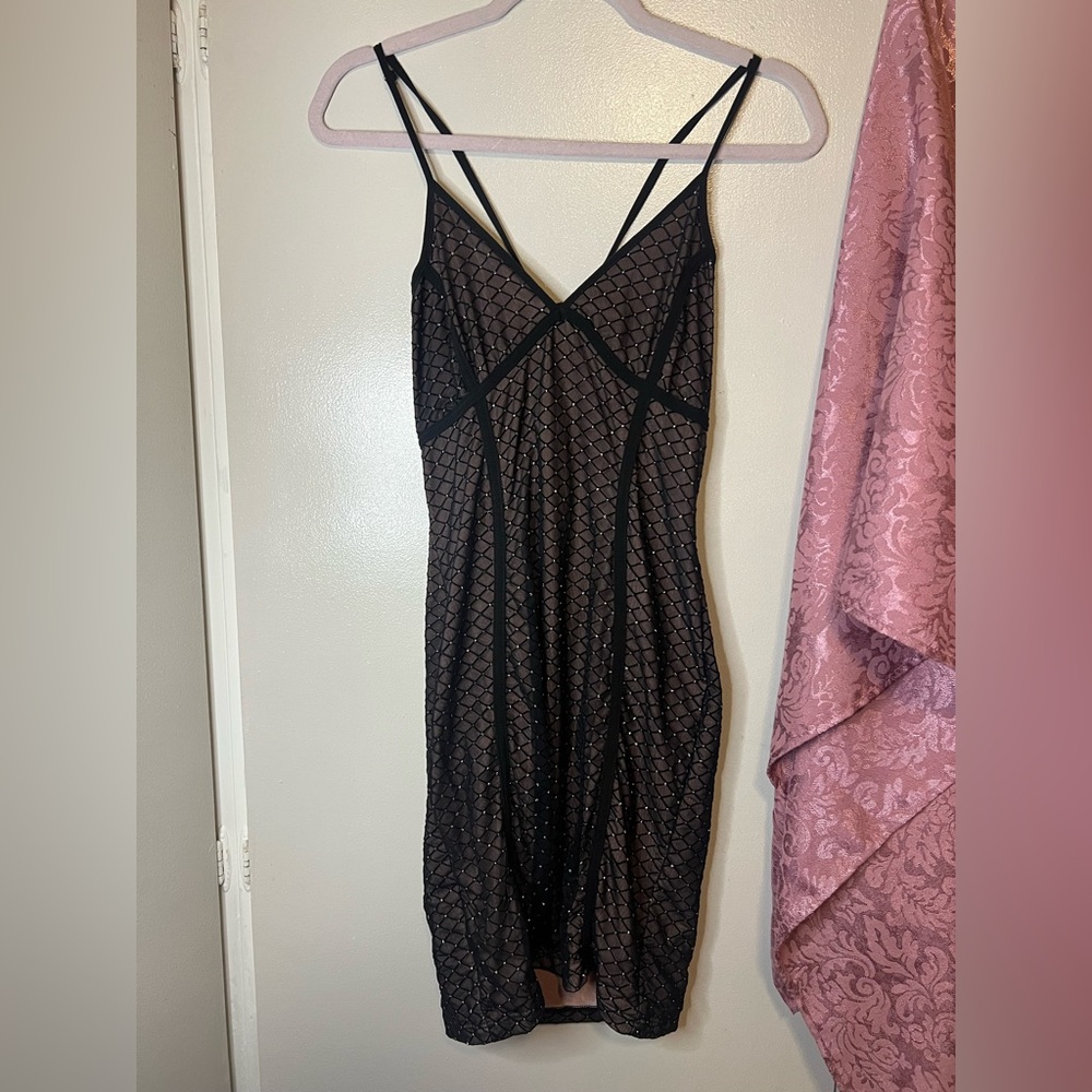 Fashion Nova - Black and Rose Pink Sparkle Strappy Mini Dress